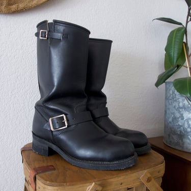 Vintage Sonora Double H West Motocycle Steel Toe Black Leather Buckle Boots 