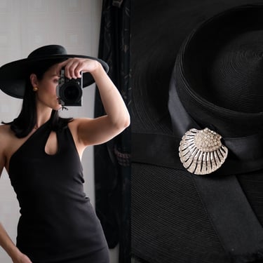 Vintage 40s Lilly Dache Paris Black Wide Brim Sun Hat w/ Rhinestone Silk Headband & Scallop Shell Accent | 1940s Designer Hollywood Noir Hat 