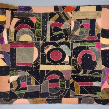 Vintage CRAZY QUILT BLANKET 69x80" Large Abstract Design, Wall Hanging Fabric Textile, Mid-Century Modern craft folk art eames knoll era 