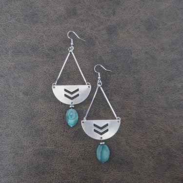 Mid century modern teal blue and silver earrings 