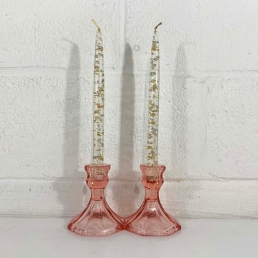 Vintage Glass Pink Candle Holders Pair Candlesticks Mid-Century Candleholder Wedding Candlestick Boho Pastel Powder Faceted 1960s 