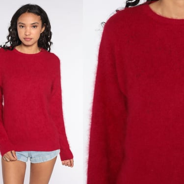Red Angora Sweater 80s Knit Sweater Pullover Jumper Plain 1980s Vintage Crewneck Fuzzy Sweater Medium 