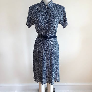 Navy and White Abstract Print Shirtdress with Belt - 1980s 