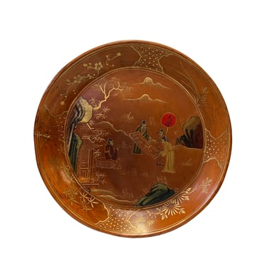 Chinoiseries Golden Graphic Brown Lacquer Round Display Disc Plate Tray ws3390E 