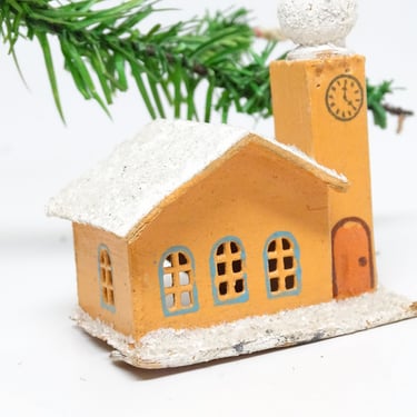 Antique German Glittered Church for Christmas Putz or Nativity, Vintage Cardboard House Toy, Germany 