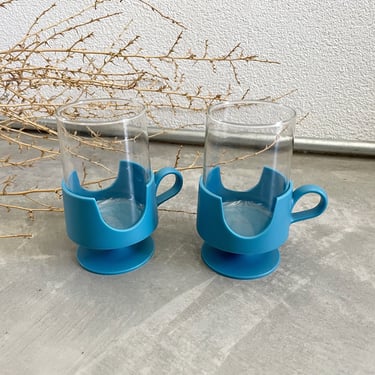 Vintage Corning Ware Glas-Snap Aqua Blue | Set of 2 | Glass Mugs with Removable Bottom  | MCM | Vintage Barware | Mid Century Modern 