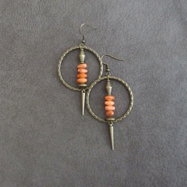 Orange coral and bronze hoop earrings 