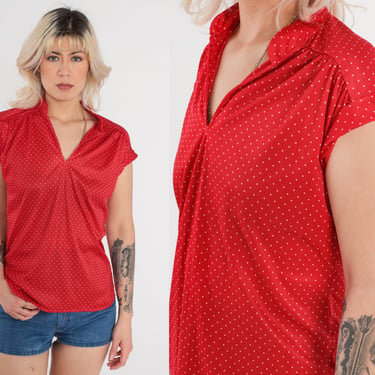 Polka Dot Shirt 70s Red Blouse Cap Sleeve Top Boho Disco 1970s Collared Polyester Vintage V Neck Shirt Small S 