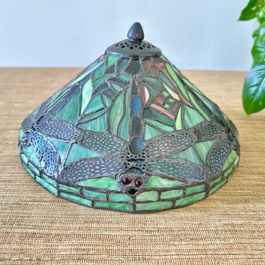 Vintage Tiffany Style Small Green Dragonfly Slag Glass Lampshade - Leaded 