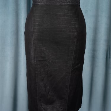 Vintage 80s Winlit Alligator Embossed Genuine Black Leather Pencil Skirt 