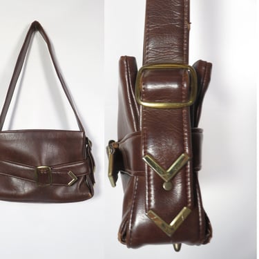Vintage 60s/70s Mod Gold Buckle 3 Compartment Pleather Shoulder Bag 
