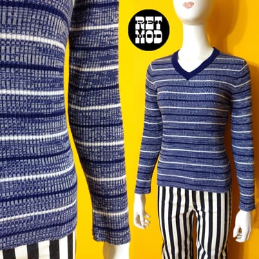 Sexy Casual Vintage 70s Blue Space Dye V Neck Long Sleeve Stretchy Ribbed Knit Top 