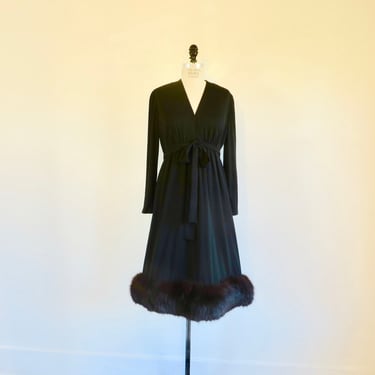 1970's Black Knit Jersey Evening Dress with Fox Fur Hem Trim Empire Line Long Sleeves 70's Cocktail Party Fall Winter Victoria Royal Medium 