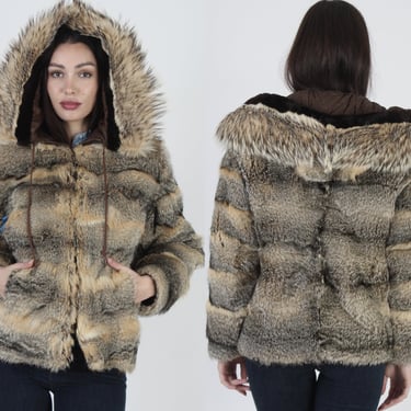 Grey Arctic Real Fox Fur Coat, Deep Shaggy Plush Real Hood, Womens Zip Up Short Winter Parka 
