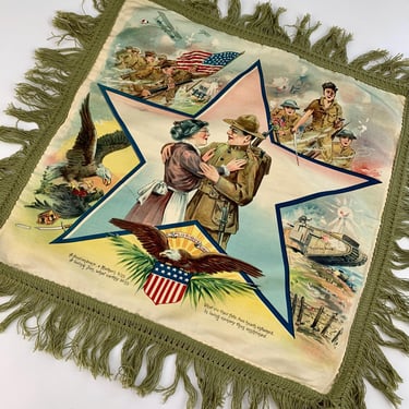 WW1 Military Souvenir Pillow Cover - Incredible Detailed Illustrations - 19-1/2 Inches X 19 Inches 