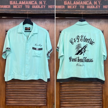 Vintage 1950’s Size L “Nat Nast” Mint Green Rayon Gab Rockabilly Bowling Shirt, Flocked Detail, Atomic Symbol, 50’s Vintage Clothing 