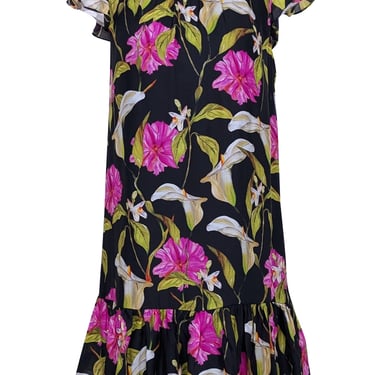 Milly - Black w/ Pink & Green Floral Print Silk Dress Sz S