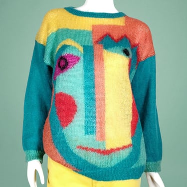 1980s abstract cubist sweater vintage mohair handknit vibrant soft colors new wave oversized relaxed iconic novelty colorblock face (S/M) 