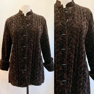 Vintage 70s 80s VELVET Blazer / Padded + Quilted / Boho Dark PAISLEY / Deep POCKETS + Toggle Buttons + Nehru  Collar 