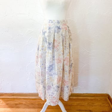 90s Cotton Beige and Pastel Floral Side Buttons Midi Skirt | Small/ 28" Waist 