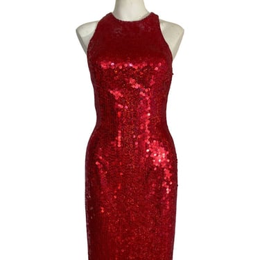 90s vintage sequin cocktail dress, NITELINE red holiday dress, holiday sequin gown, long body con sequin dress, red gown keyhole back m 8 10 