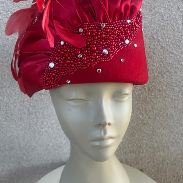 Vintage red hot pillbox style hat feathers beads Sz 22.5” 7 1/8 by Mr. Hi’s Classic 