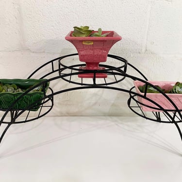 Vintage Black Plant Stand Arch Hairpin Legs Mid-Century Retro MCM Minimal Design Wire Rack Plants Holder Organization Holds 3 Pots 