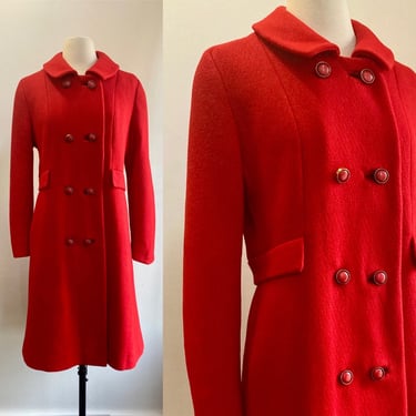 Vintage 60s DRESS COAT / RED / Mod Military Style / Pockets + Back Sash / Enamel + Brasstone Buttons / Red Satin Lined 