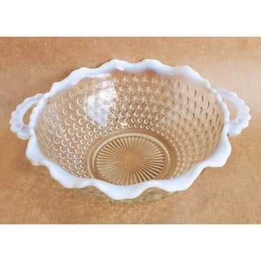 Vintage Anchor Hocking Opalescent Moonstone Hobnail Glass Bowl Handles 7.25