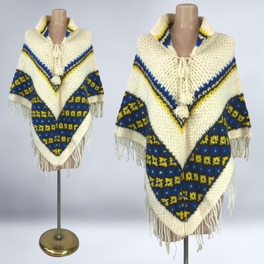 VINTAGE 60s Hand Knit Wool Poncho Jacket with Fringe and Pom Poms OSFM | 1960s Cream and Blue Granny Sweater Cape | vfg 