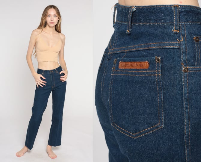 High Waisted Jeans 80s Dark Wash Denim Pants Straight Leg Jeans Retro Hipster Boho Hippie High Rise Vintage 1980s Charlotte Ford Small 4 26 