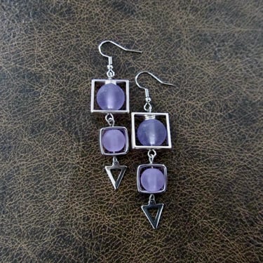 Purple frosted glass and silver square earrings 