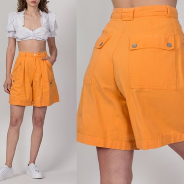 90s Lizwear Orange High Waist Shorts - Small, 27" | Vintage Pleated Cargo Mom Shorts 