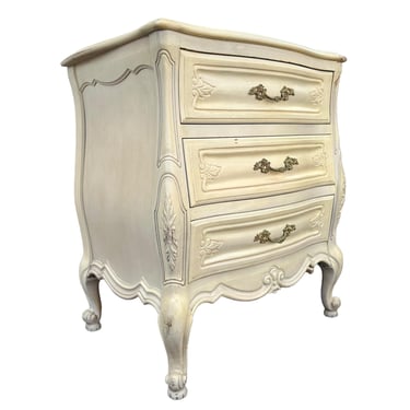 French Provincial Nightstand by Dixie 26” Tall - Vintage Creamy White & Gold Louis XV Carved Wood Country Shabby Chic End Table 