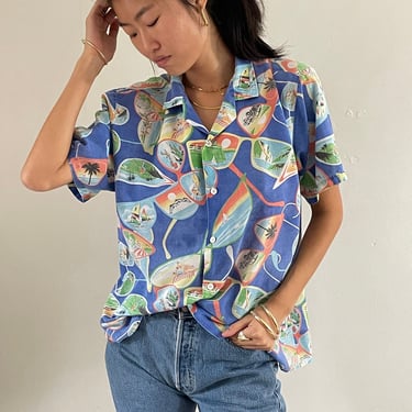 80s vacation shirt / vintage novelty holiday vacation sunglasses sky periwinkle blue print oversized boyfriend beach over shirt | Ex Large 
