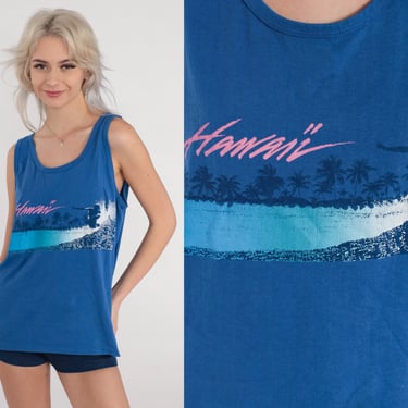 Hawaii Tank Top 90s Surfing Shirt Sleeveless Surfer Graphic Tee Surf T-Shirt Retro Single Stitch Blue Vintage 1990s Happy Shirts Large L 