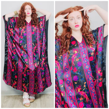 1990s Vintage Colorful Peacock Caftan / 90s Black and Pink Bohemian Silky Maxi Dress / One Size 
