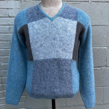 Cool Tones 1960s Mens Jantzen Colorblock Sweater Mohair Wool Vintage 40 Small 