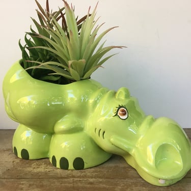 Vintage Hippo Planter, Light Green Hippopotamous, Hand Painted 
