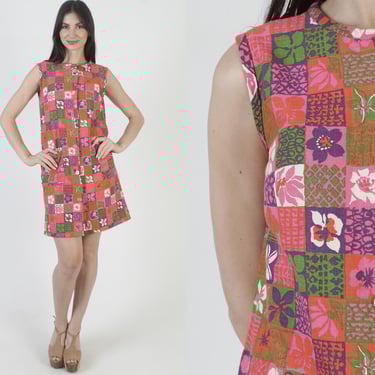 60s Patchwork Shift Dress, Vintage Oversized Mini, Pink Button Up Sundress, Mod Scooter Style 