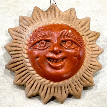 VINTAGE: Small Mexican Pottery Wall Hanging Sun - Made in Mexico - Artisan Made - Folk Art 