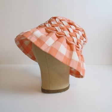 Vintage 1960s bucket hat, gingham, smocked, sun hat 