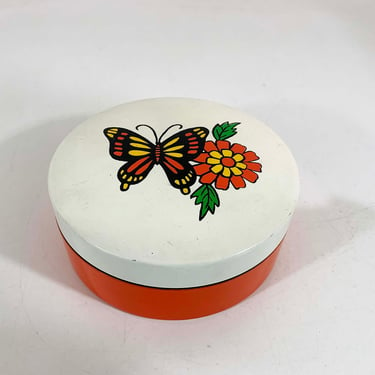 Vintage Butterfly Floral Box Plastic Mid-Century Modern Lacquer Ware Orange 1970s 70s Colorful Dopamine Decor Storage 