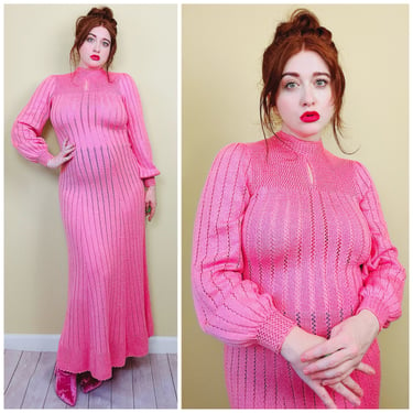 1970s Vintage Bubblegum Pink Ducci Knits Maxi Dress / 70s / Seventies High Neck Blouson Knit Sweater Gown / Medium 