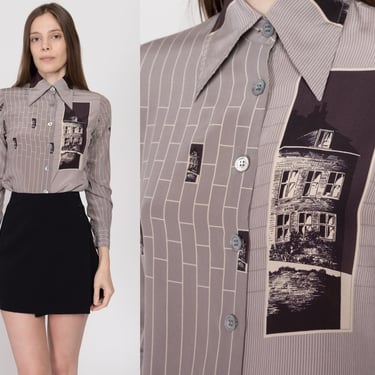 XS 70s Haunted Mansion Novelty Print Silk Shirt | Vintage Pancaldi & B Grey Long Sleeve Dagger Collar Button Up Top 