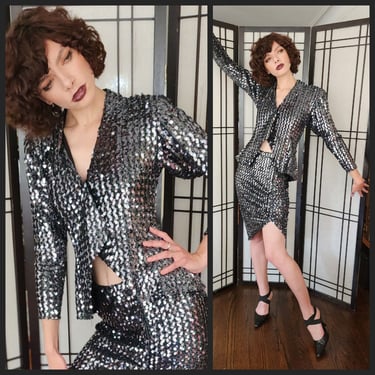 80s Skirt Suit in Silver Sequins by Climax 
