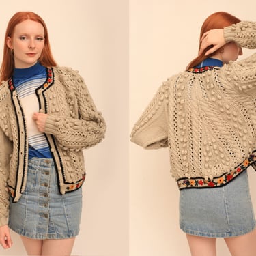 Vintage 1990s 90s Marle Grey Cable Knit Button Up Oversized Cardigan w/ Sunflower and Rose Embroidered Trim 