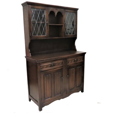 Welsh Dresser | Vintage Dark Oak Welsh Cupboard With Leaded Glass Doors and Linen Fold Accents 