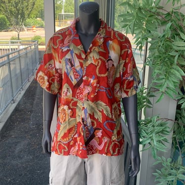 NORFLEET Hawaiian Vintage Floral Tropical Button Down T shirt - Red - Size L 