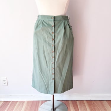 SIZE 16 / XL 1980s Mint Green Structured Midi Skirt / Adjustable Pleated Midi Skirt - Large Minimalist Pockets Classic Skirt Button Front 